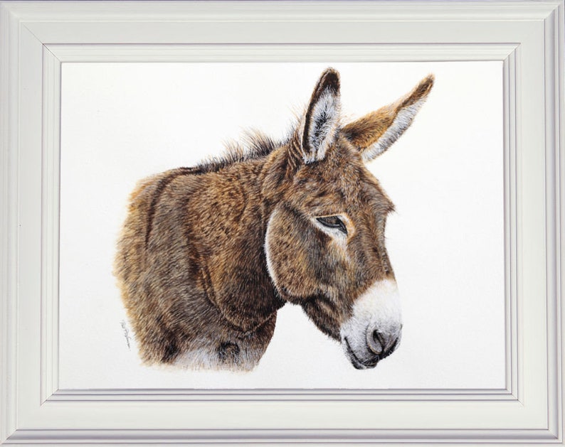 The donkey painting finished and displayed in a white frame.