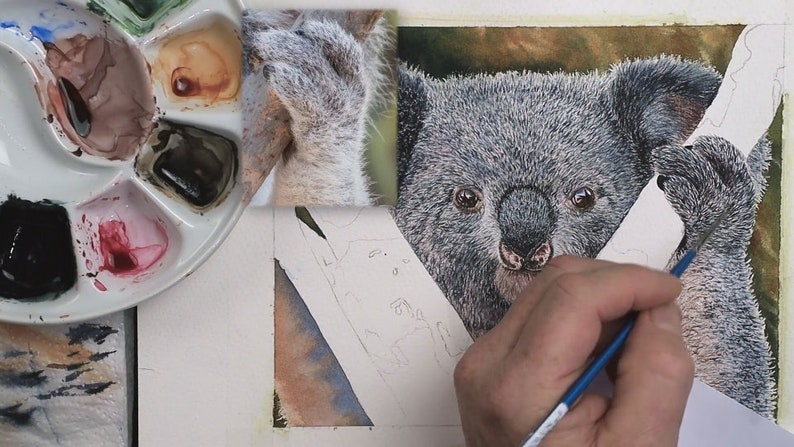 The animal is now covered in a dark grey fur, Paul is holding his brush over the hand and his palette of paints is shown to the left.