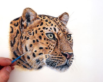 Realistic Watercolor Painting Lesson, How to Paint a Leopard in Fine Detailed Watercolour, Panther Illustration PDF Download, Big Cat Art