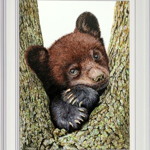 The completed bear cub painting in a white frame.  The cub is nestled into a crook in a tree, with its paws under its face.  It has chocolate brown fur on it's face, but the ears and paws are a darker purply brown.  The tree bark is very rough.