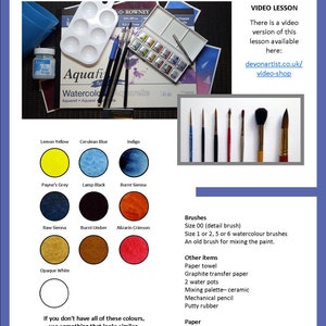 This is the second page of the lesson, which details the watercolor paints needed for the project.  These are shown as swatches.  There is also a list of the other materials that will be needed to paint this bird.