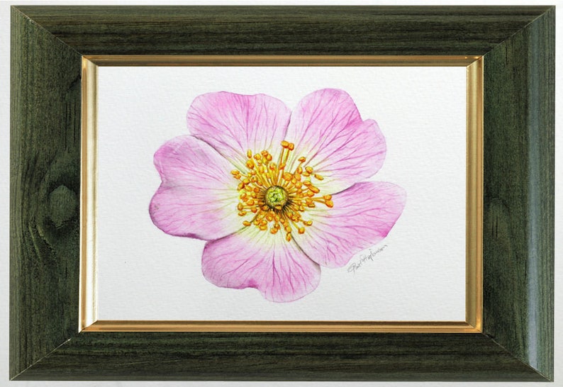 The original rose painting in a dark green frame with a gold trim on the inside edge.