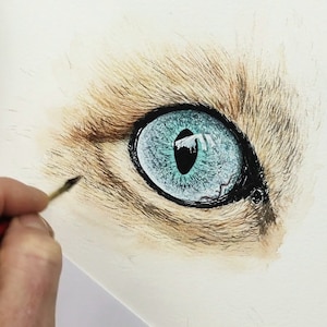 Paul is painting the tabby fur in this photo, and the eye suddenly has a context.  The fur makes the eye look even more real, even though it isn't finished yet.