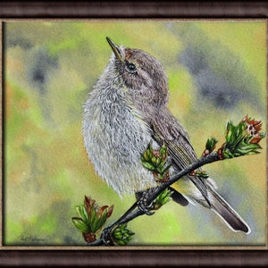 The chiffchaff painting in a dark brown frame with an antique gold inner trim.