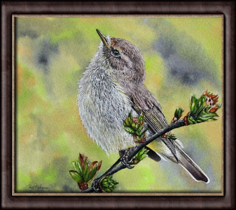 The chiffchaff painting in a dark brown frame with an antique gold inner trim.