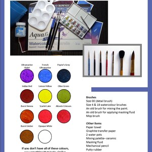 The materials section of the lesson.  This has swatches of the paint colours needed, alongside a list of other equipment that will be useful to complete the painting.