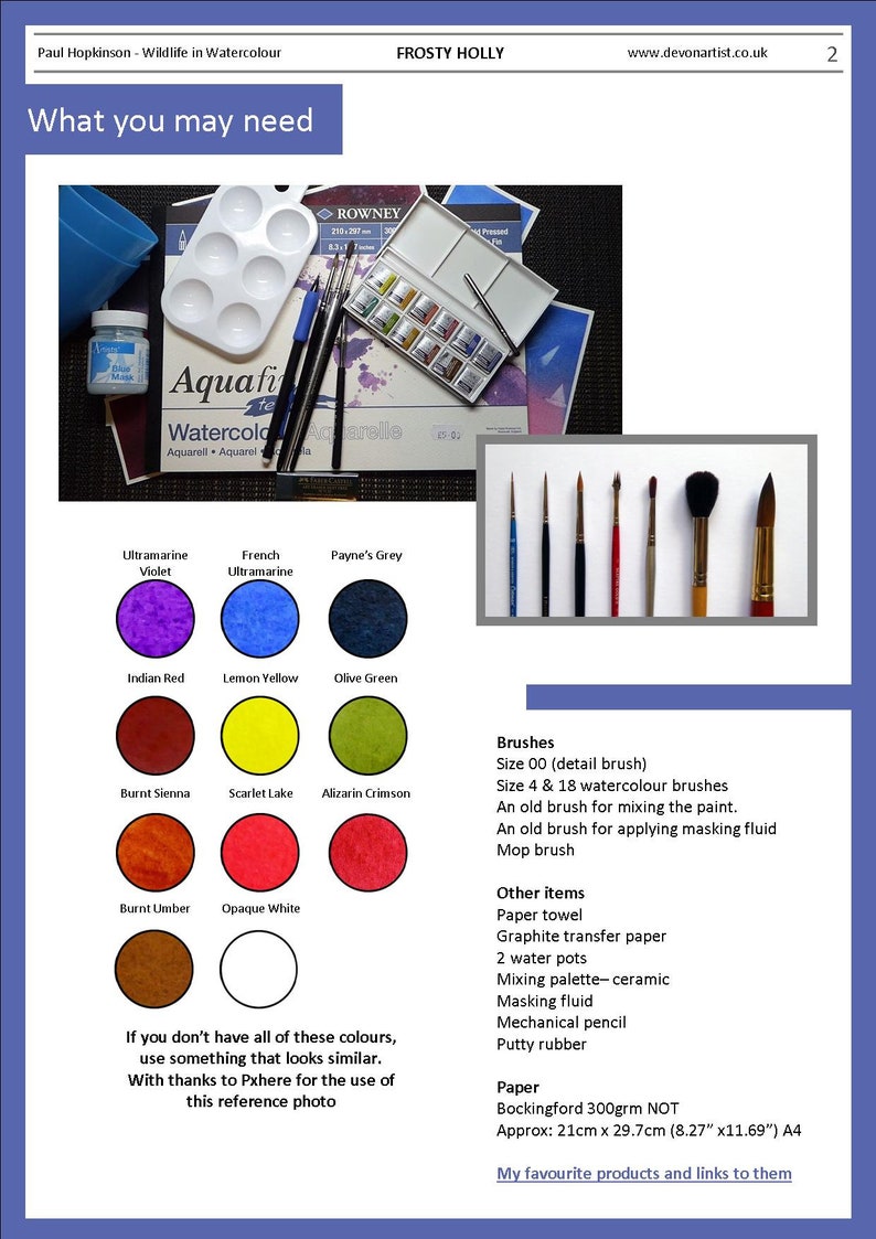 The materials section of the lesson.  This has swatches of the paint colours needed, alongside a list of other equipment that will be useful to complete the painting.