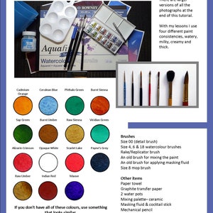 An overview of the materials and paints needed to complete this painting.  The colours are shown as swatches, and there are 15 of them, including reds, browns, blues and greens.