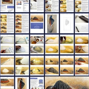 The shell lesson, shown in more detail as a collage of pages.  Through these the progression of the painting can be seen in a series of photos.  There are also blocks of text, the reference image and outline drawing and a materials section.