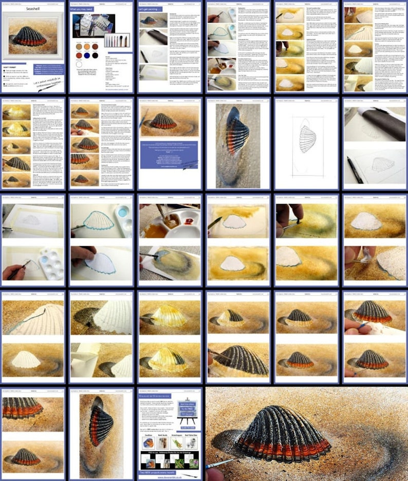 The shell lesson, shown in more detail as a collage of pages.  Through these the progression of the painting can be seen in a series of photos.  There are also blocks of text, the reference image and outline drawing and a materials section.