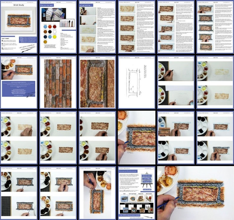 The overview image of the brick painting lesson.  This is laid out to show the painting building up from start to finish.  It includes the reference materials, lots of photos and written text too.