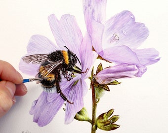 PDF Watercolour Tutorial on Painting a Bumble Bee, Downloadable Watercolor Art Lesson, Learn to Paint Realistic Insects, Botanical Art Study