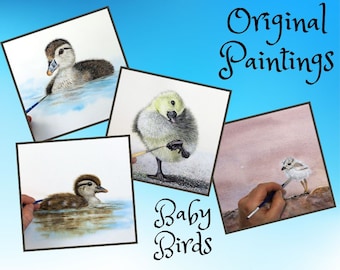 ORIGINAL Watercolour Paintings of a Chick, Ducklings and a Gosling, Illustration Art, Realistic Watercolor Bird Paintings