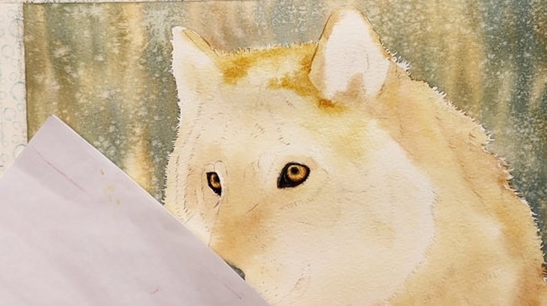An early stage in the painting with the wolf's eyes painted, and a wash applied to the body.  The background has also been painted, it looks like a suggestion of a forest with snow falling.