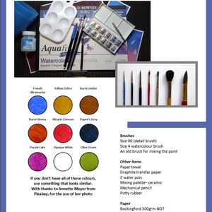 The materials page of the lesson.  The colours are shown as swatches, and everything else is listed.