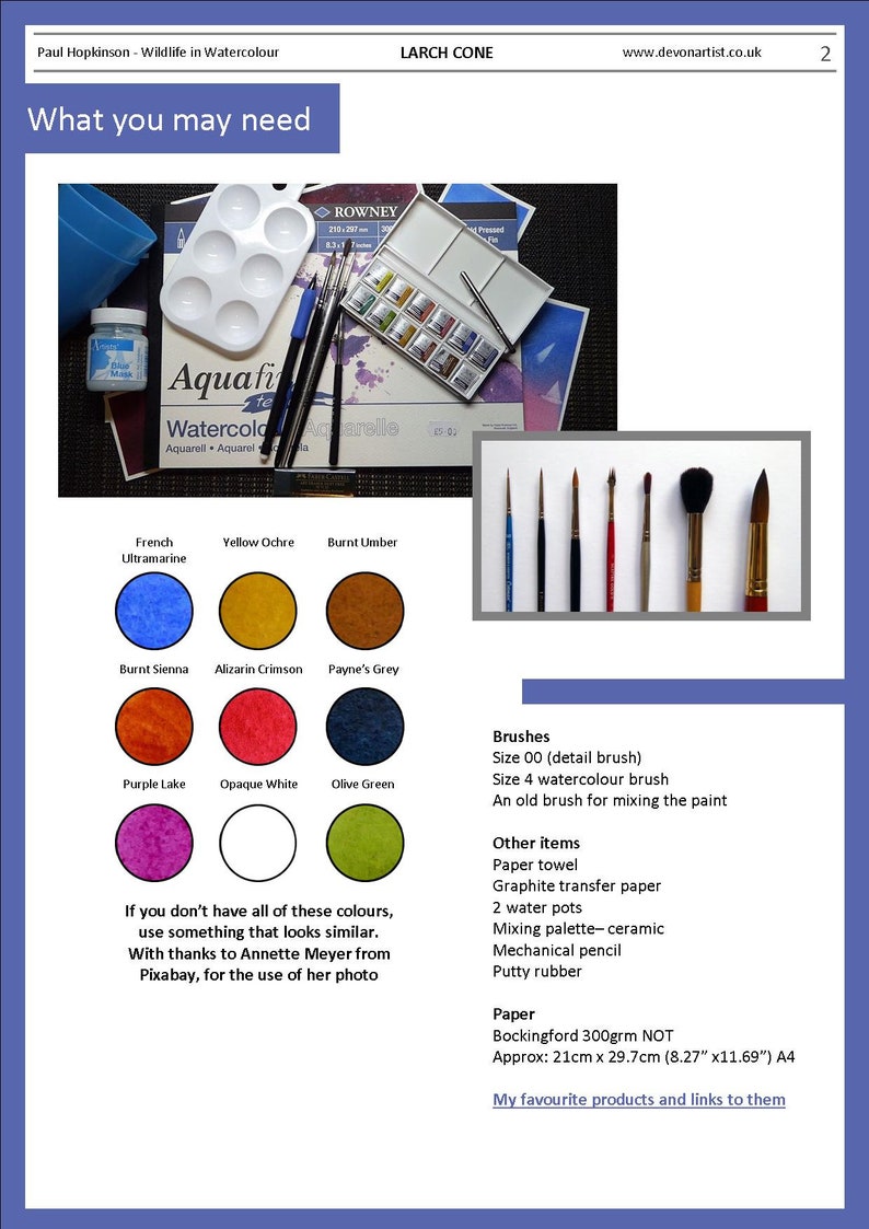 The materials page of the lesson.  The colours are shown as swatches, and everything else is listed.