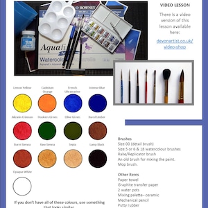 The materials section with the paint colours shown as circular swatches.  Alongside are a list of other materials and equipment that the student would need to complete the project.