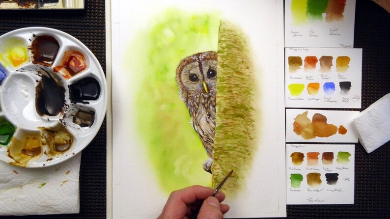 Paul finishing off the tree trunk with various colour washes, greens, browns and yellows.  His palette of colours is shown to the left, and his test sheets of colours on the right.