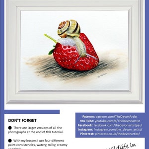 The first page of the lesson, with the finished painting in a white frame, above a list of Paul's other online art channels.  These include patreon, YouTube, facebook, instagram and pinterest