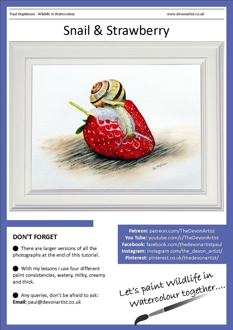 The first page of the lesson, with the finished painting in a white frame, above a list of Paul's other online art channels.  These include patreon, YouTube, facebook, instagram and pinterest