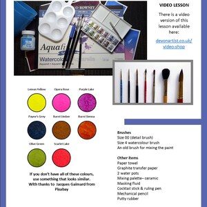 This is the materials page of the painting lesson, with swatches of the watercolour paints needed.  There is also a list of other equipment that it would be useful to have.