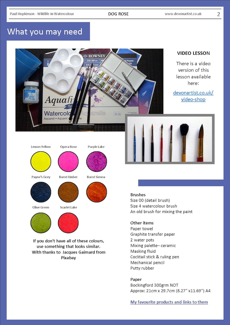 This is the materials page of the painting lesson, with swatches of the watercolour paints needed.  There is also a list of other equipment that it would be useful to have.