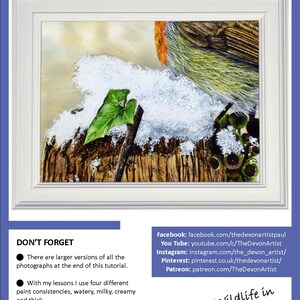 The first page of the lesson, with the snowy post shown in a white frame.  Below are links to Paul's online watercolor channels, and some pointers to remember, like his contact details.