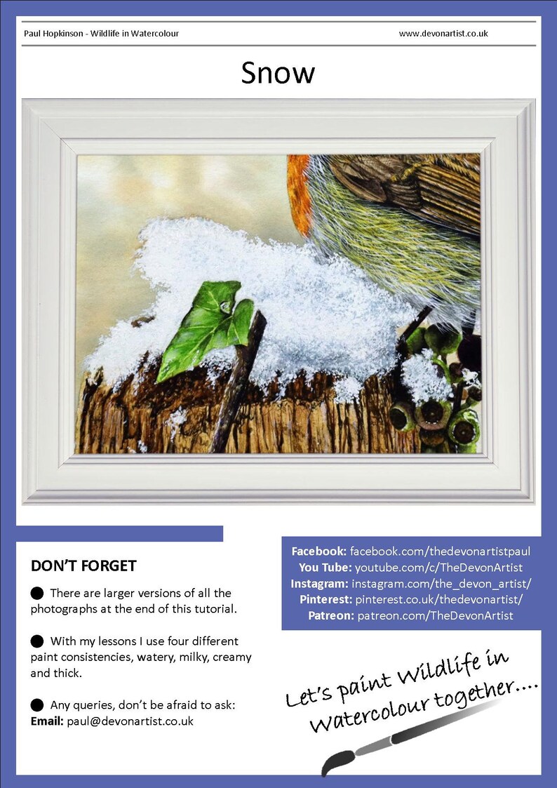 The first page of the lesson, with the snowy post shown in a white frame.  Below are links to Paul's online watercolor channels, and some pointers to remember, like his contact details.
