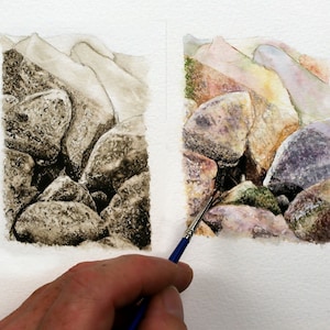 Realistic Watercolor Course, Learn to Paint Rocks that Look Real, Stone and Pebble Illustration Tutorials image 1