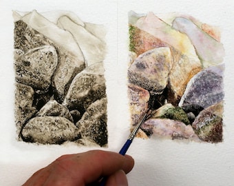 Cours d'aquarelle réaliste, apprenez à peindre des roches qui ont l'air réelles, des didacticiels d'illustration de pierres et de galets