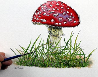ORIGINAL Pen & Wash Toadstool Illustration, Realistic Watercolour Painting, Nature Art in Detailed Watercolor and Ink