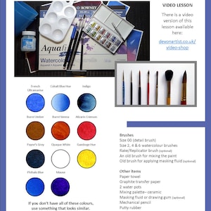 The materials section of the painting.  This has the colours needed to paint the blue bird shown as coloured circles.  Alongside is a list of other materials, including pens, brushes, other items and paper