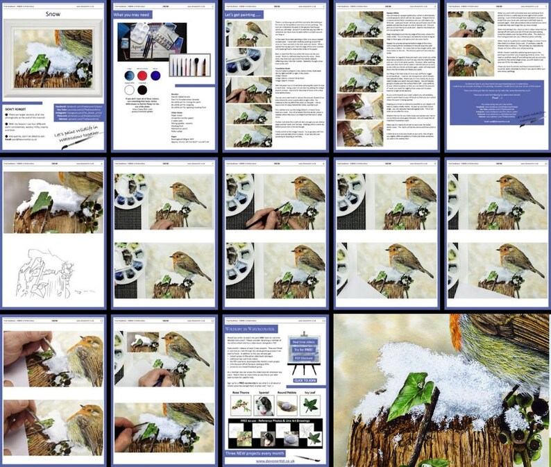 An overview collage of pages showing how the lesson is laid out.  It has a series of photos, which are enlarged for the second half of the tutorial.  The beginning section includes written text alongside the photos of Paul's work.