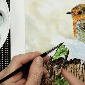 Paul is working with a pale blue wash, and is applying it over the snow.  His palette of watercolour paints is shown to the left.