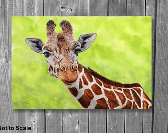 網目模様のキリンのオリジナル絵画、写実的な動物アート、野生動物の