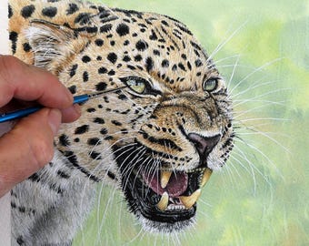 ORIGINAL Amur Leopard Watercolour Painting, Snarling Big Cat in Realistic, Fine-Art Detail