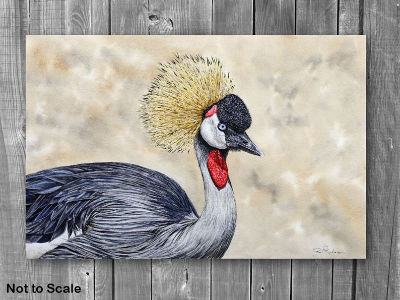 The crane painting displayed on a grey wood panelled wall.