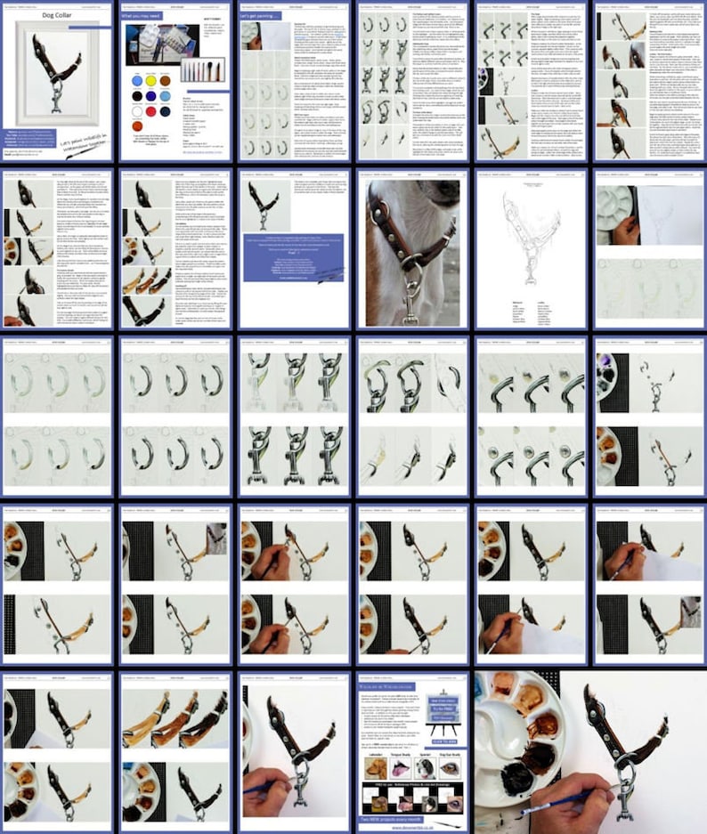 All the pages in the dog collar painting lesson, laid out as a collage.  These are filled with masses of photos, each showing the tiniest of stages in the progress of the painting.