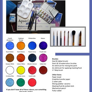 The materials section with all the colours, and there are 15 of them, laid out as circular swatches of the watercolour paints.  There is also a list of all the other materials needed for the painting.