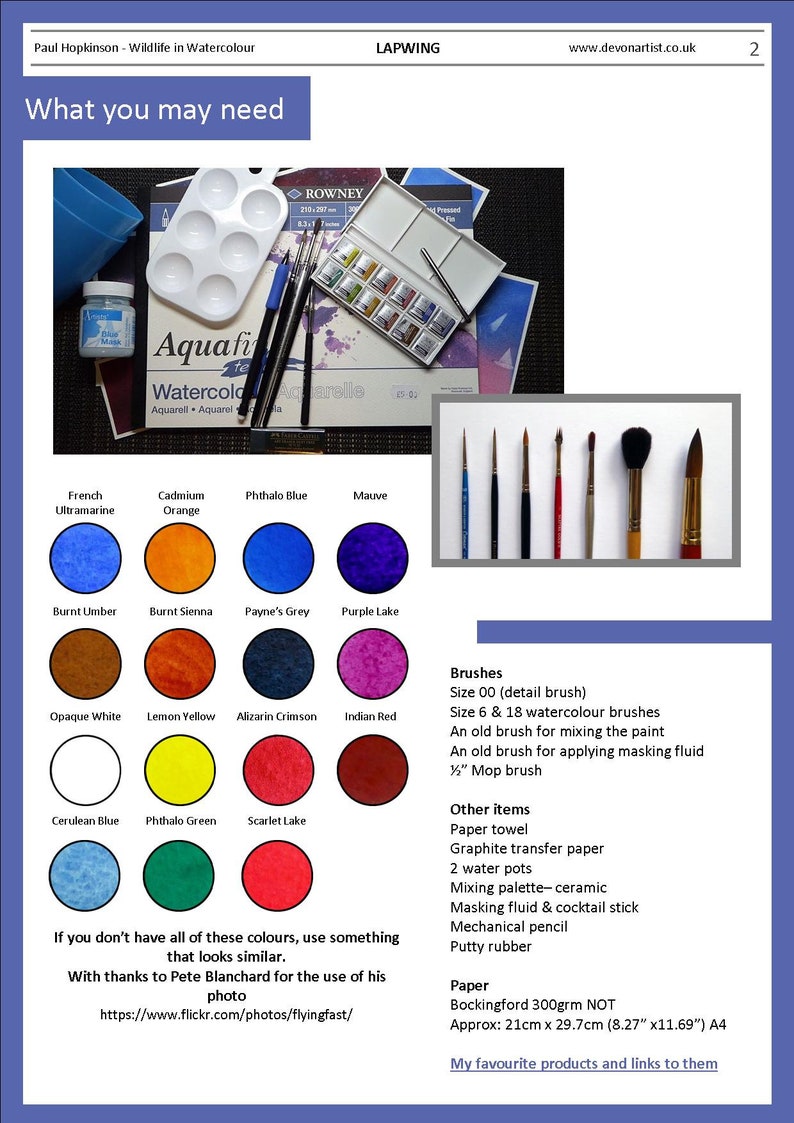 The materials section with all the colours, and there are 15 of them, laid out as circular swatches of the watercolour paints.  There is also a list of all the other materials needed for the painting.