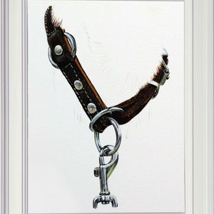 The completed painting of the dog's collar in a white frame.  This is a dark brown leather colour with paler stitching and silver studs, holding the rings and clasp.  These are painted too, and look shiny and silver.