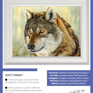 The first page of the wolf lesson, with the finished painting shown in a white frame.  Underneath is a list of Paul's other online channels, Facebook, Patreon, YouTube, Instagram and Pinterest.