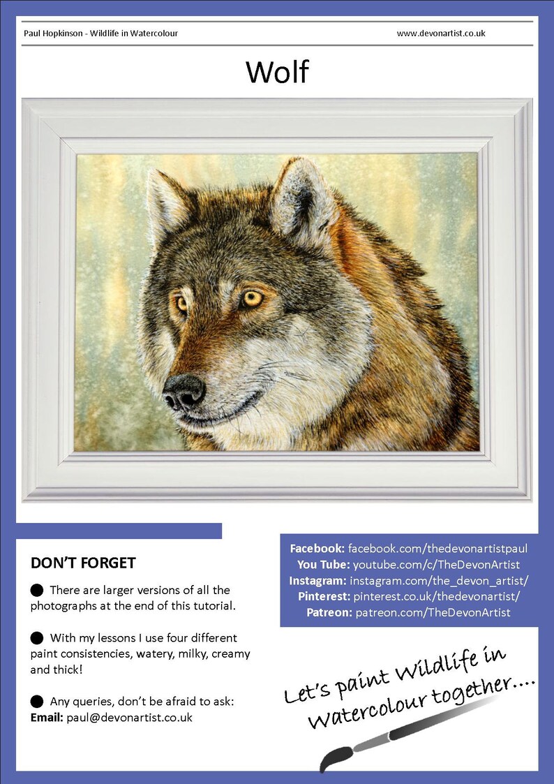 The first page of the wolf lesson, with the finished painting shown in a white frame.  Underneath is a list of Paul's other online channels, Facebook, Patreon, YouTube, Instagram and Pinterest.