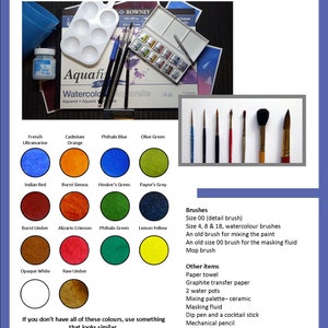 This page of the lesson has swatches of the paint colours you will need to complete the brambling painting.  There's also a list of the other equipment you will need, including brushes and paper.