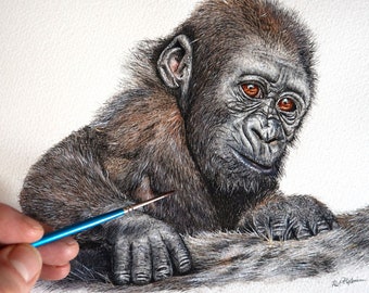 Pen and Watercolour Wash Gorilla Painting, Watercolor Animal Art, Illustration Style Project