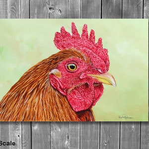 The rooster painting displayed on a grey, wood panelled wall as if it were a canvas print.