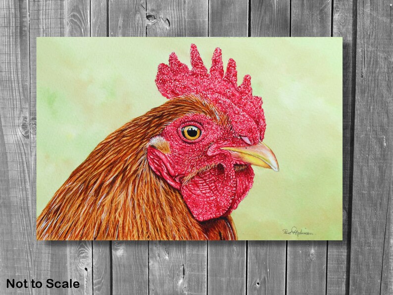 The rooster painting displayed on a grey, wood panelled wall as if it were a canvas print.