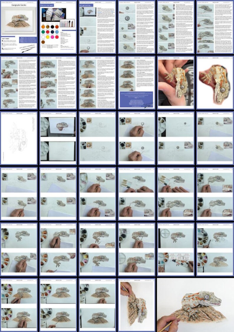 An overview of the complete e-book, showing the pages and their content.  There's a lot of written text alongside work in progress photos as Paul paints the animal.