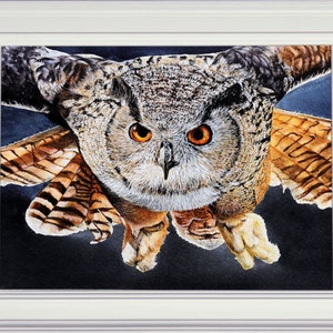 Watercolour painting of an Eagle owl as it flies towards the viewer with wings and tail outspread.  The owl has large amber eyes, and it's wings are browns and greys.