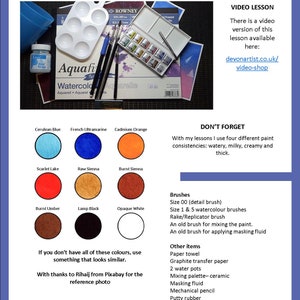 The materials needed to paint the horse, just 9 colours shown as swatches, and a list of other equipment and materials that it would be useful to have.